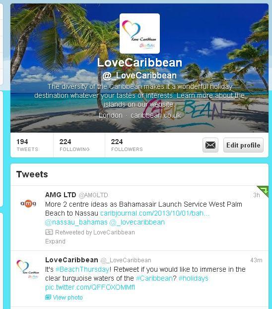 The Love Caribbean channels include a Twitter profile, Facebook