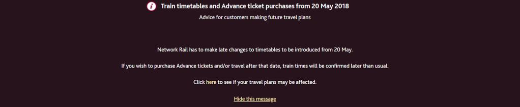 Like SWR CrossCountry has a homepage banner advising passengers that there are issues with timetables, and in this case advance purchase tickets.