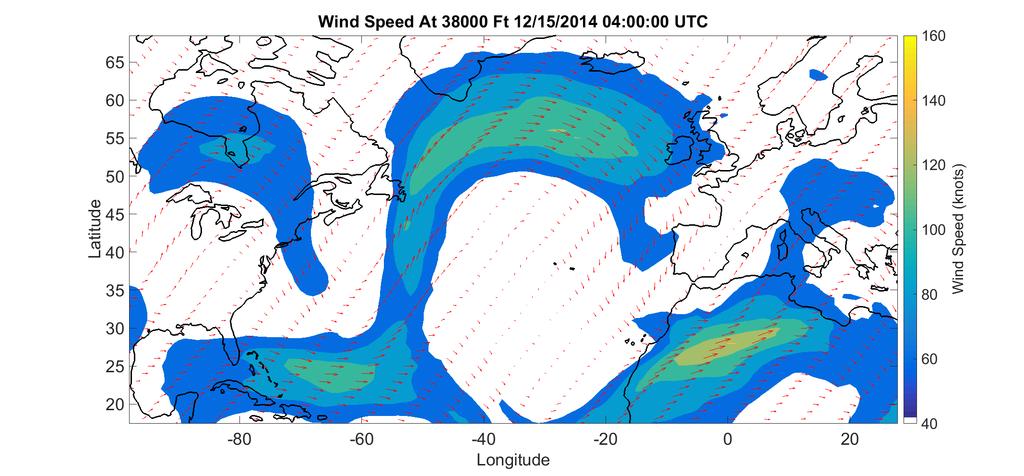 Figure 17: Global Forecast System Wind Speed at 38,000 feet on 12/15/2014 04:00:00 UTC For this particular altitude and time, there is a very clear Jetstream across the north Atlantic from the North