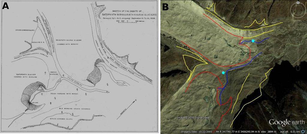 NAINWAL and others: Shrinkage of Satopanth and Bhagirath Kharak 5 Fig. 2. (A) The original 1956 Jangpangi map. (B) Some digitised features of the stretched map overlaid on the Google Earth image.