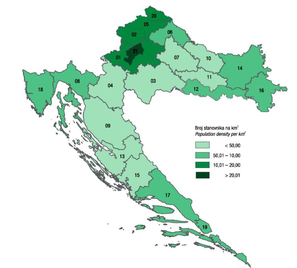 Slika 17 Gustoća naseljenosti stanovništva po županijama, 2011 Prema podacima objavljenim u Nacrtu prijedloga