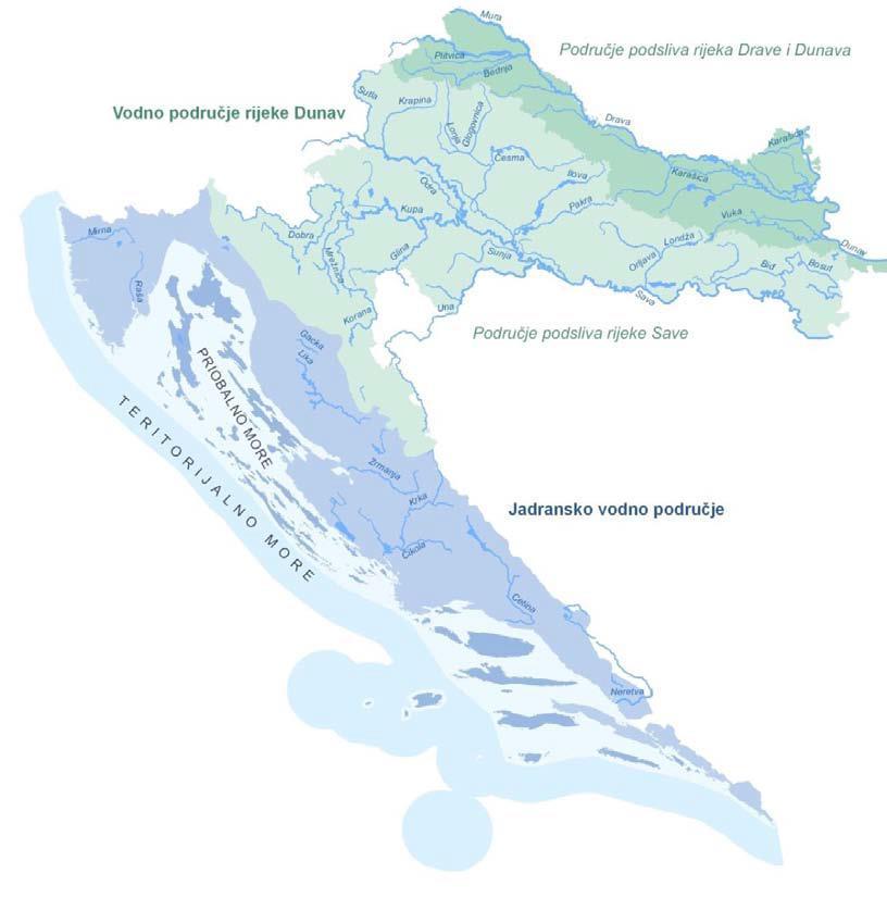 Vodno područje rijeke Dunav (dalje: VPD) - 35.117 km 2 / oko 62% ukupnog teritorija RH Jadransko vodno područje (dalje: JVP) - 35.
