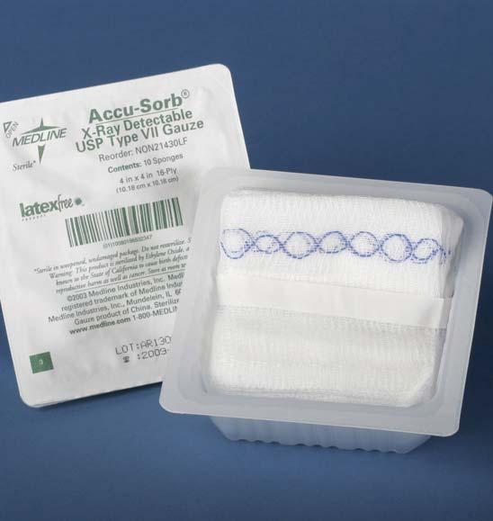 X-Ray Detectable Woven Gauze Sponges NON21430LF 4" x 4" Sterile Woven Gauze Sponges Low linting, fluffy and highly absorbent, our x-ray detectable sponges are made from 100% cotton and meet USP Type