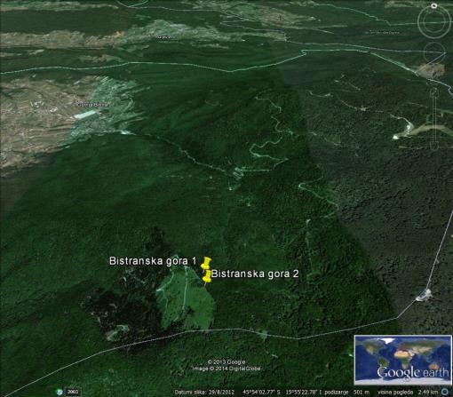 4. PODRUČJE ISTRAŽIVANJA Slika 4.5. Položaj pokusnih ploha na lokalitetu Bistranska gora Plohe su veličina 5 x 5 m (jednostavna supstitucija) ili 10 x 10 m (supstitucija pod zastorom krošanja).