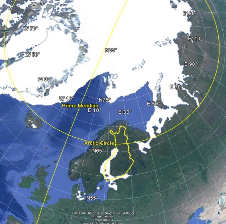 Fig 1: Google Earth with ice coverage March 2013 (NSIDC data) 2.