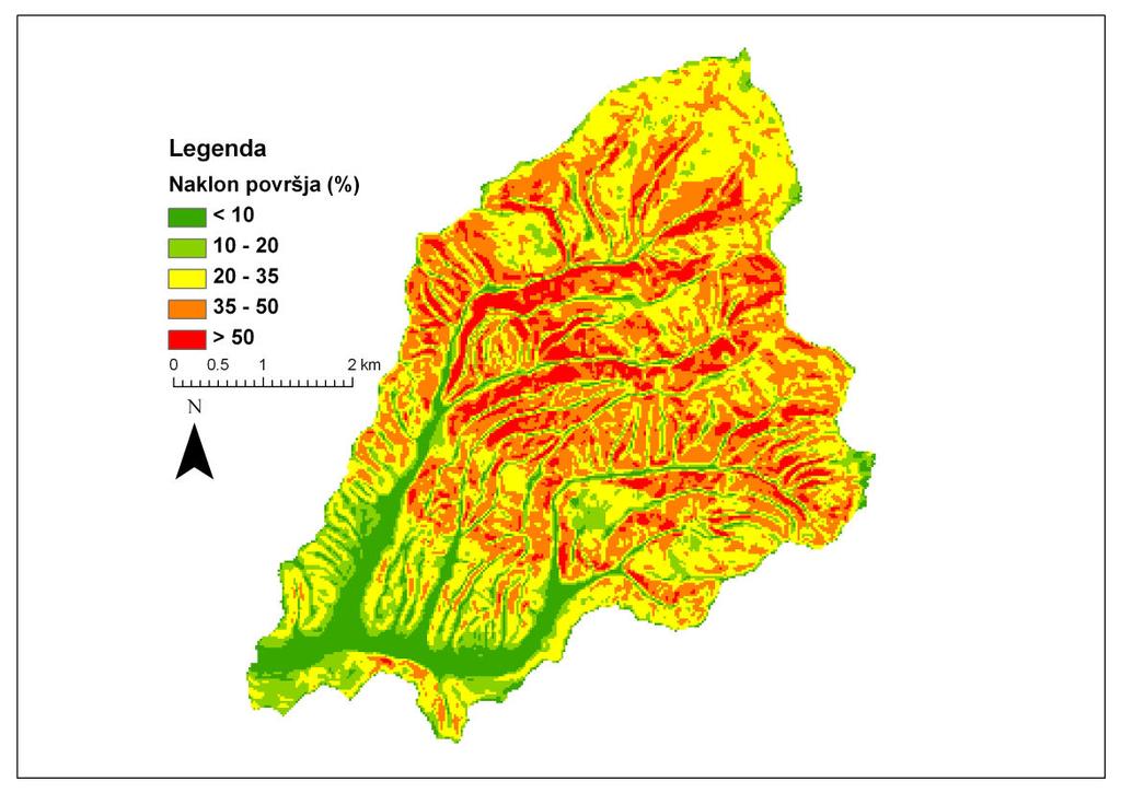 5: Nakloni površja (%) raziskovanih območij rek Reke in Dragonje Figure 3.