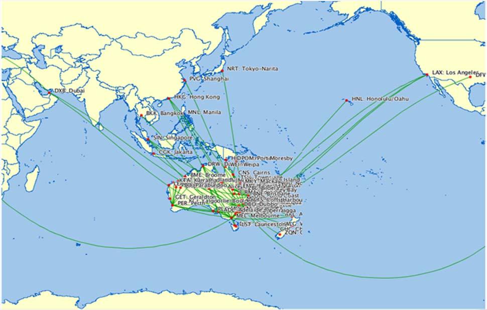 Qantas has a comprehensive route network layout. It forms a perfect hub and spokes network in its international and domestic route.