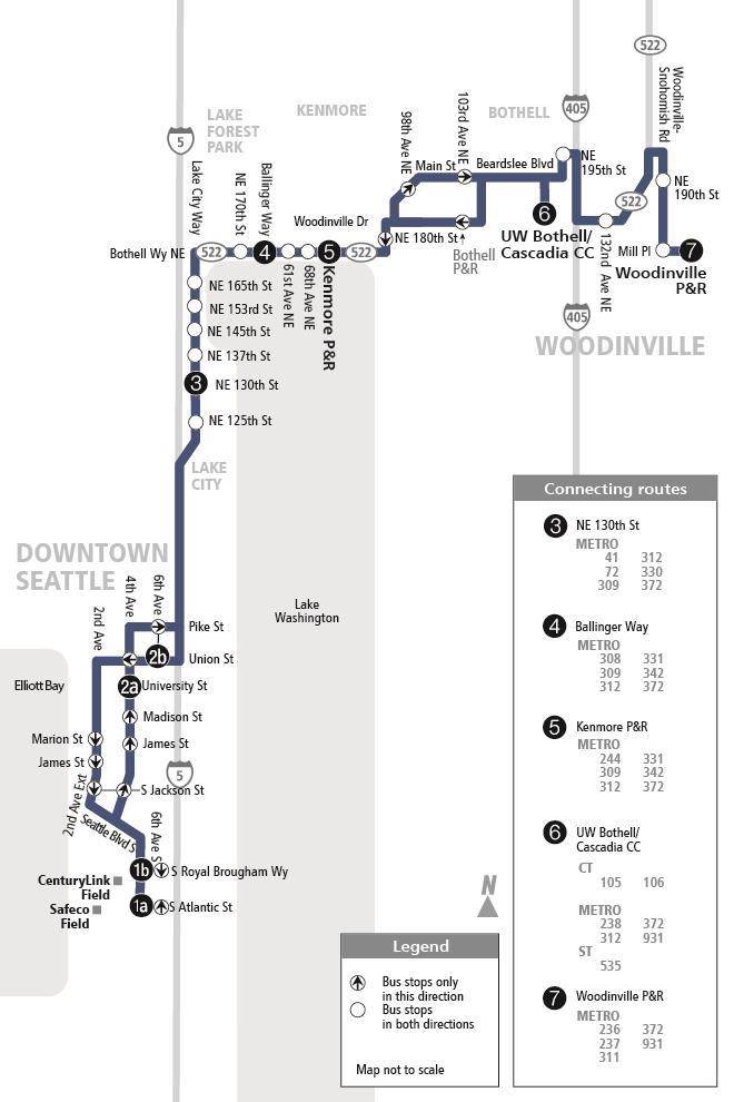 Chapter Two: Service Analysis Route 522: Woodinville Seattle The route operates seven days a week between Woodinville and Seattle. Buses run every 9 to 60 minutes.