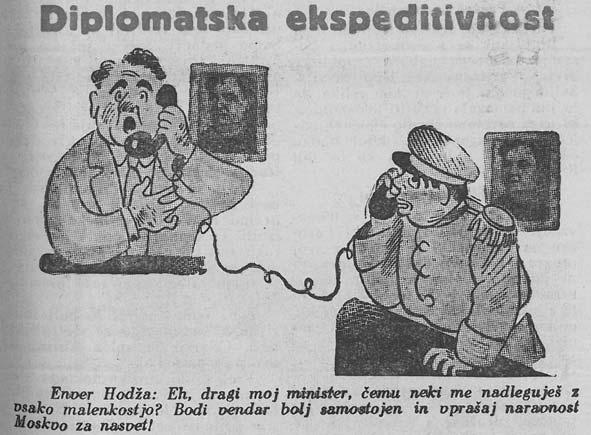 Tudi ta karikatura iz Pavlihe (1953) se na nič kaj subtilen način poskuša norčevati iz albanske politične nesamostojnosti. predvsem Enver Hoxha, govorili, da v ZKJ ni komunistov.