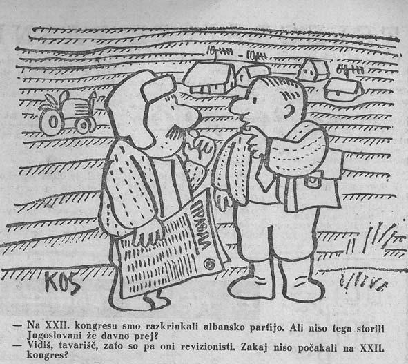 Karikatura Boža Kosa iz leta 1961 v ospredje postavlja tedaj aktualni albansko-sovjetski prelom.