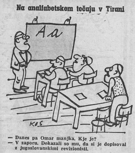 Na absurdnost nekaterih trditev albanskega režima opozarja tudi karikatura Boža Kosa, ki predstavlja del jugoslovanske medijske protiofenzive iz leta 1961.
