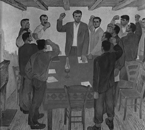 Motivi iz nedavne politične zgodovine so bili pogosta tematika del albanskih slikarjev, ki so ves povojni čas ustvarjali v okviru obrazcev socialističnega realizma.
