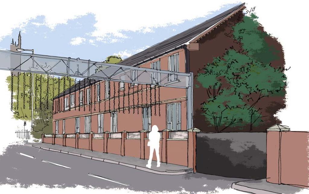 Figure 12.4: Visualisation of proposed flood wall at Christchurch Court. Basis of design 12.2.13 The foundation design of the flood wall will be detailed following investigations into the exact location of the Silk Mill leat and high voltage electric cables.