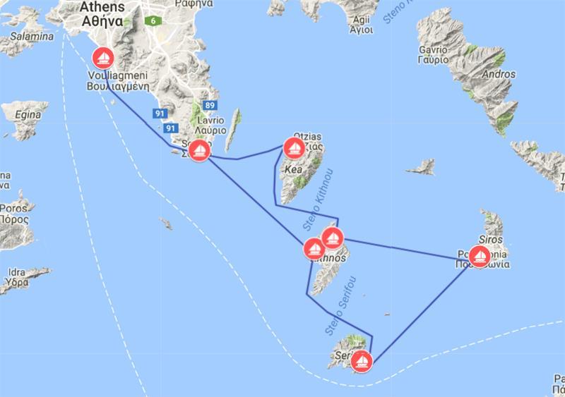 Day 1: Navigare Yachting base, Elliniko - Cape Sounion (25NM) Day 2: Cape Sounion - Island Kithnos (26NM) Day 3: Island Kithnos - Island Serifos (26NM) Day 4: Island