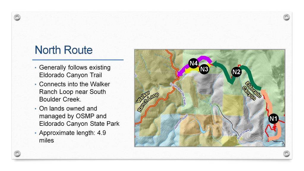 N1: realignment of the existing ECT. New trail would climb at a shallower grade N2: follow existing ECT.