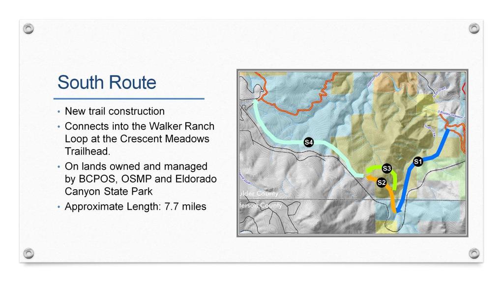 S1: follows a high contour from the existing Rattlesnake Gulch Trail around South Draw S2: follows contours to the north climbing to reach a high saddle, then follows an existing two track to reach
