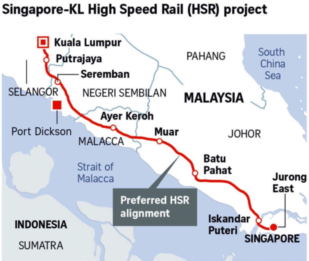 Figure 1: The route of the Kuala Lumpur-Singapore High Speed Rail Source: Janice Heng.