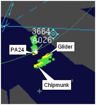 The Chipmunk pilot reported being aware of the transit aircraft [the PA24] talking to Lee Radio and of hearing Lee Radio advise the PA24 pilot of intense glider activity in the area.