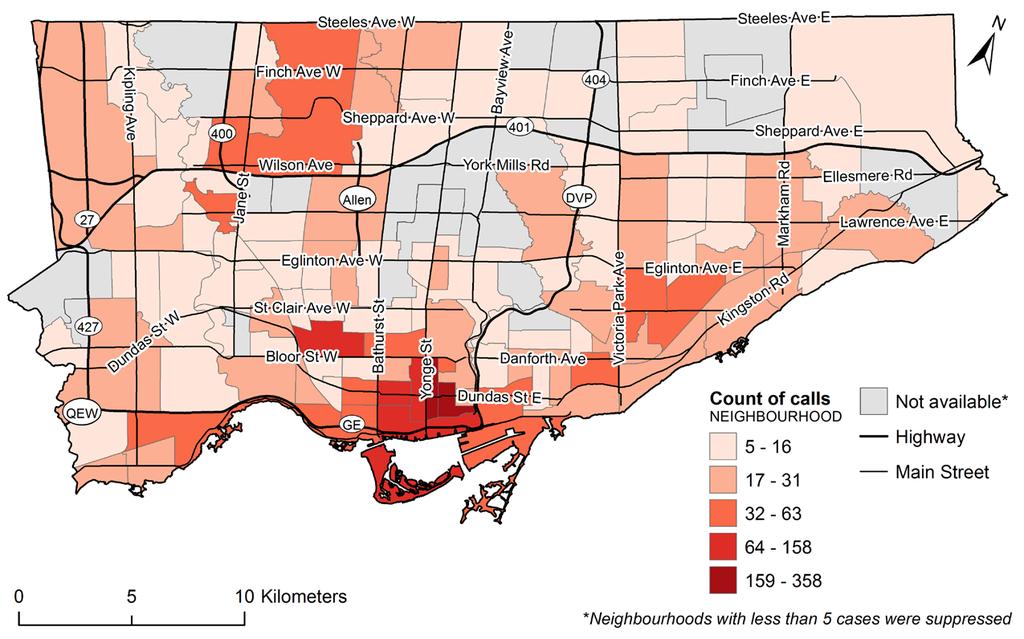 Map of suspected opioid overdose calls received by Toronto Paramedic Services by neighbourhood*, Toronto, August 3, 2017 to August 2, 2018 Source: Toronto