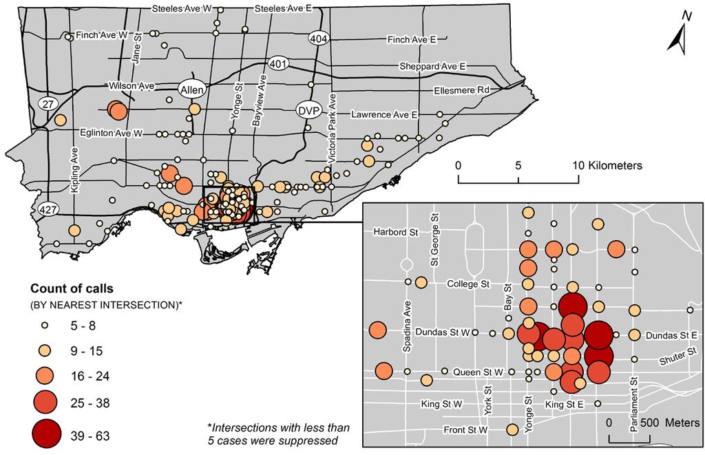 Map of suspected opioid overdose calls received by Toronto Paramedic Services by nearest main intersection*, Toronto, August 3, 2017 to August 2,