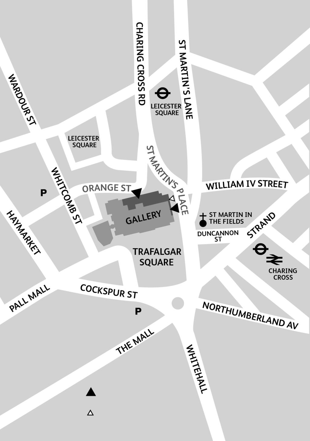WARDOUR ST WHITCOMB ST LEICESTER SQUARE CHARING CROSS RD ORANGE ST HAYMARKET PALL MALL COCKSPUR ST THE MALL ST MARTIN S PLACE ST MARTIN S LANE LEICESTER SQUARE Website The Gallery s website has