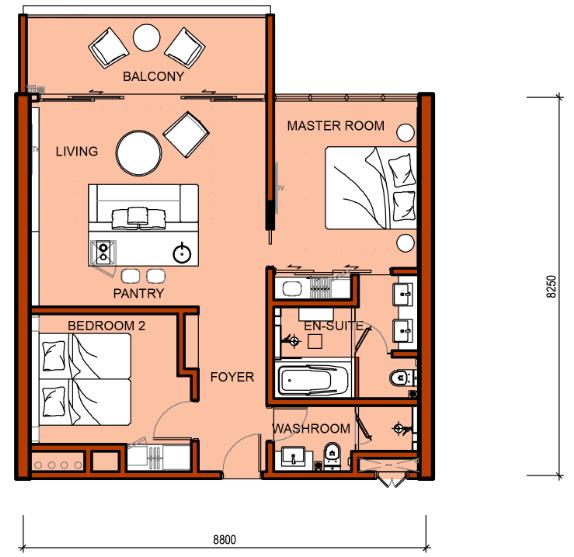 Unit Layout Two- Bedrooms Level 2 to Level 4