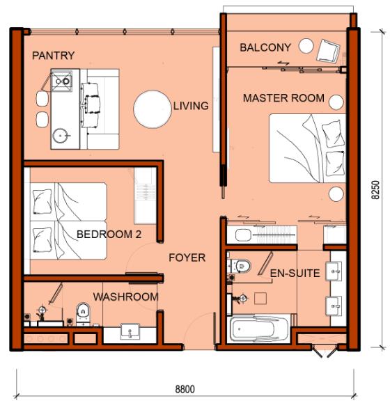 Unit Layout Two- Bedrooms Level 5 to Level 9