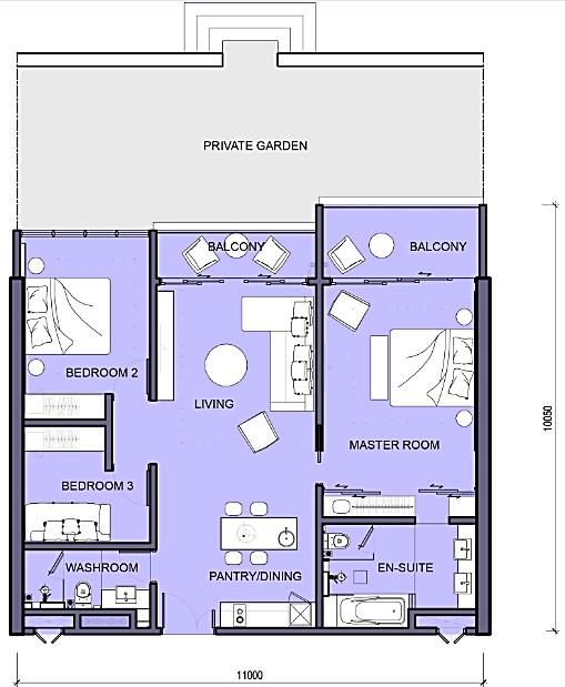 Unit Layout 2+1 Bedrooms Level 1 Dimensions