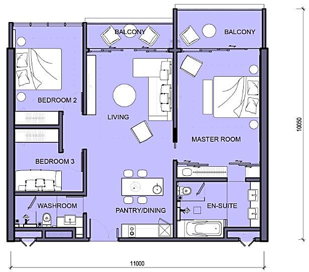Unit Layout 2+1 Bedrooms Level 2-9 Dimensions