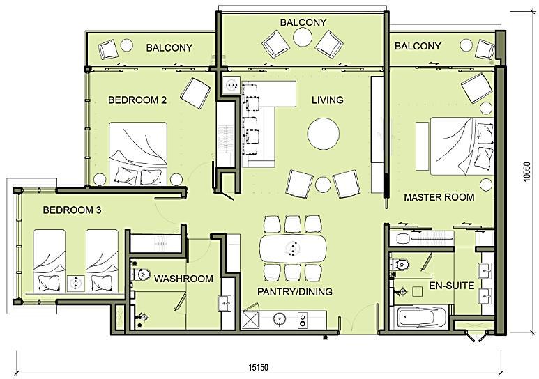 Unit Layout 3 Bedrooms Level 2-9