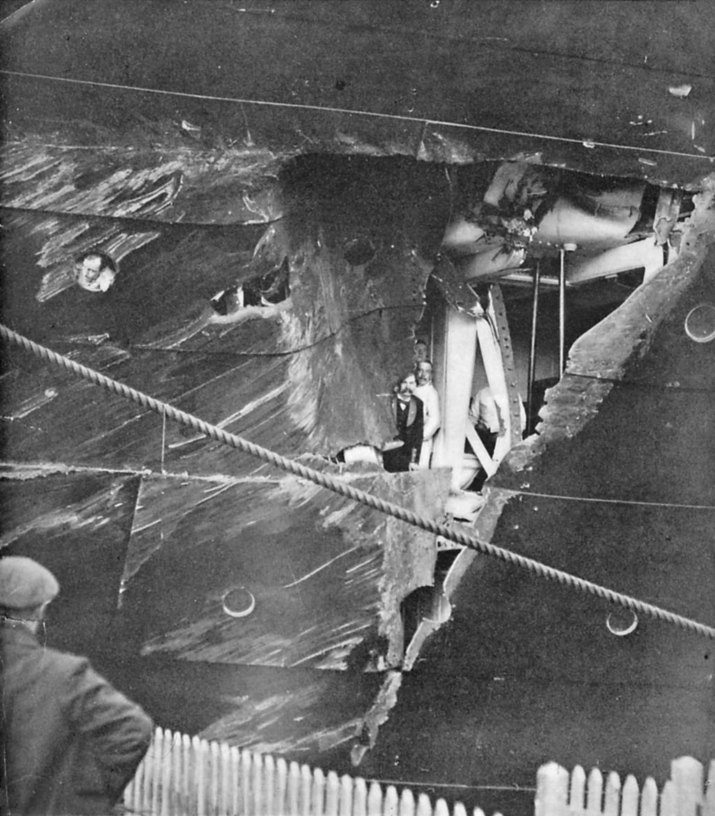 28 TITANIC: FIRE & ICE (OR WHAT YOU WILL) This photograph gives an even better view of the actual damage sustained by the Olympic during the Hawke collision.