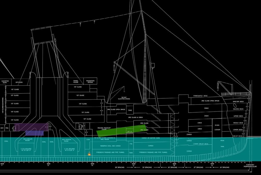 Above: This diagram shows the location of the smudge seen on the outer hull (in green). Everything shaded in teal is below the waterline.