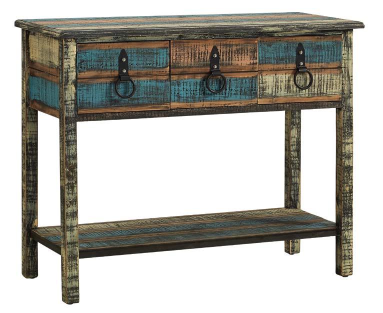 114-225 CALYPSO CONSOLE TABLE Finish: Blue and Brown hues 38-1/2" x 16" x 31" Tall < 2 LOUVERED CABINETS AND 3 DEEP DRAWERS