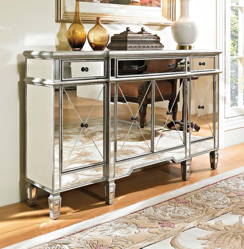 MIRRORED 3-DRAWER, 4-DOOR CONSOLE Finish: Silver,