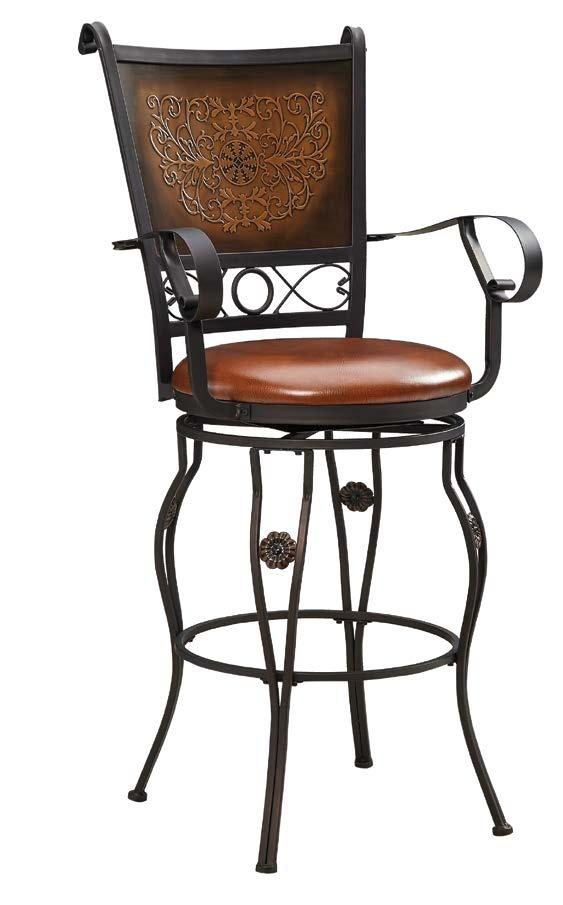 COPPER STAMPED BACK BARSTOOL WITH ARMS Finish: Bronze Powder Coat Fabric: Faux leather