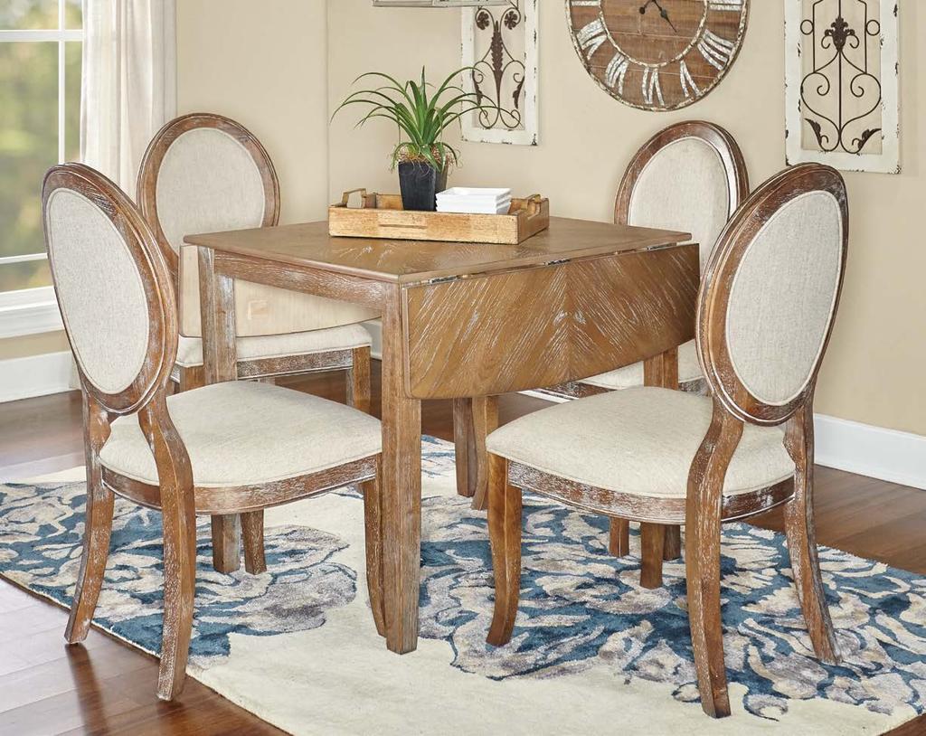 17D2015 SARA 5 PIECE SET Finish: Light brown, wire-brushed Table: 50" x 30" x 30" Tall (with leaves) 30" x 30"