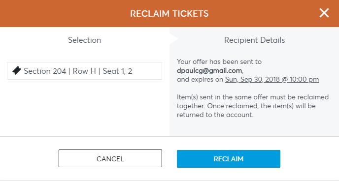 Reclaiming Transferred Tickets (Step 2) orangealliancemember@anaheimducks.com On the next screen simply click RECLAIM.