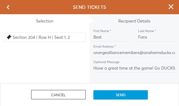 Transferring Your Tickets (Step 4) On the next page you will enter the First Name, Last Name, Email Address, and Optional Message to