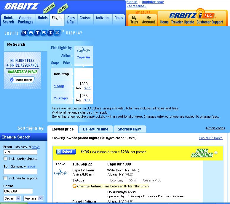 Cape Air is on Orbitz.com Screenshot from Orbitz.