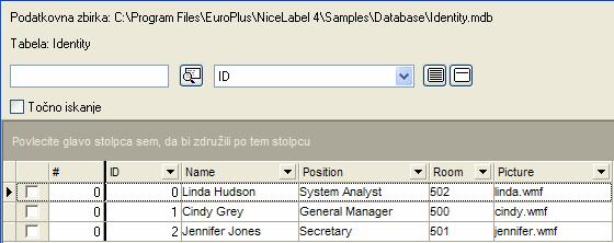 izbira zapisov za tiskanje Poizvedbe in filtriranje zapisov podatkovne zbirke Program NiceLabel omogoča tvorjenje poizvedbe nad tabelo podatkovne zbirke na način, da so izvlečeni le zapisi, ki