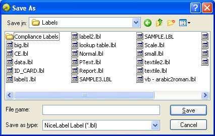 Shrani Z izbiro ukaza Shrani iz menija Datoteka izvedete shranjevanje trenutno izbrane etikete na disk. Isto dosežete s klikom na ikono. Če je etiketa že imenovana, se bo shranila z istim imenom.