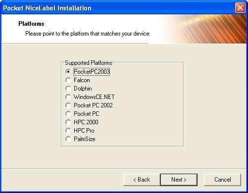Izbor operacijskega sistema prenosne enote 8. Sledite navodilom na zaslonu. 9. Ko je program Pocket NiceLabel nameščen se zažene ActivSync, ki poskrbi za prenos potrebnih datotek na prenosno enoto.