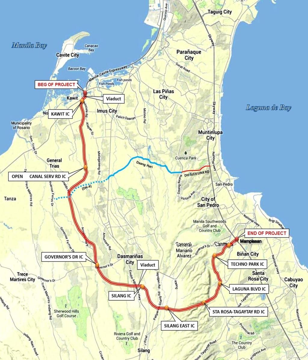 44.2 km four lane expressway with 8 interchanges and 12,207 lm bridges (inclusive of 4,618 lm viaduct) Will connect CAVITEX in Kawit, Cavite and SLEX-Mamplasan