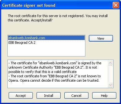 Otvara se prozor sličan prozoru na slici: Preuzimanje serverskog sertifikata Nakon prijave na WEB E-bank servis otvara se sledeći prozor.