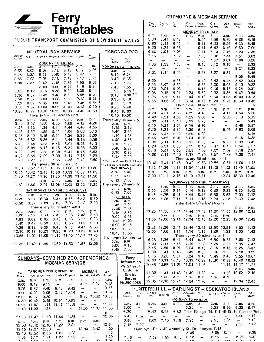 NSWPTC Ferry Timetables, 1975 Supplied