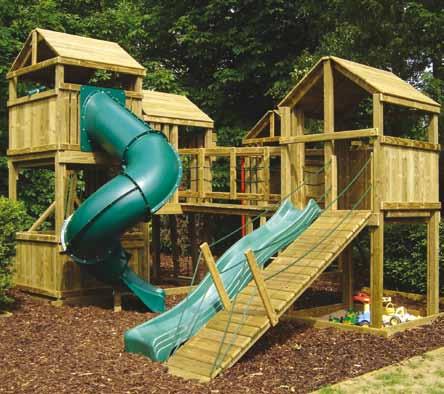 wave slide, enclosed spiral slide, two-position swing beam with sling swing and toddler swing plus a one-position beam with trapeze combo.