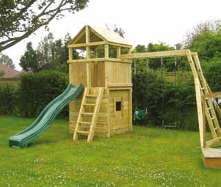 A duo glider and toddler swing hang from the ladder beam and a pair of handles have been added to help younger