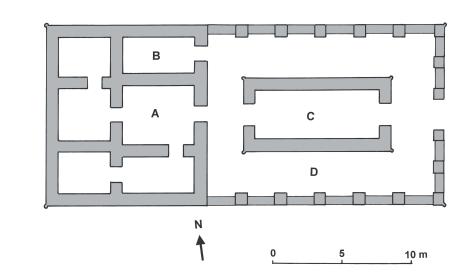 Fig. 9. Plan of Small Temple at Medinet Habu. A Sanctuary with pairstatue of Amun and Tuthmosis III; B Chapel for Tuthmosis III; C Barque station; D Ambulatory. (Based on Hölscher 1939.
