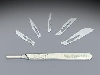 BLADES & SCALPELS SCALPEL BLADES AND HANDLES Complete line of carbon steel and stainless surgical blades and quality stainless steel handles Manufactured in Sheffield, England, for DeRoyal
