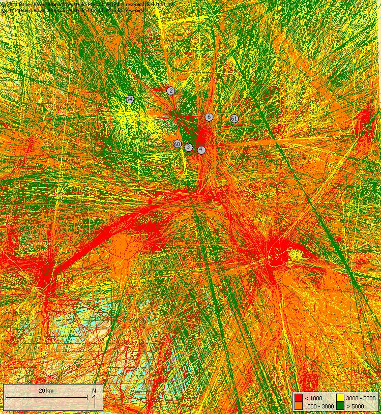 2.2. Non jet aircraft Figure 4 shows non jet tracks (arrivals and departures) in the Melbourne basin for the month of February 2013. Noise monitors are shown as grey circles.
